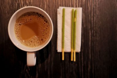 High angle view of coffee on table