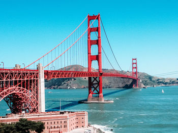 View of golden gate bridge against clear blue sky