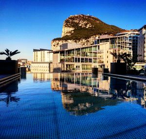 Reflection of buildings in swimming pool