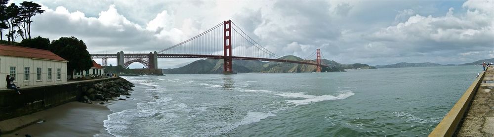 Panoramic view of suspension bridge over sea