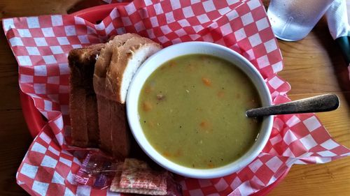 High angle view of soup in bowl on table