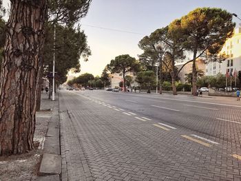 Road by trees in city against clear sky