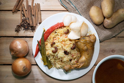 High angle view of food in plate on table