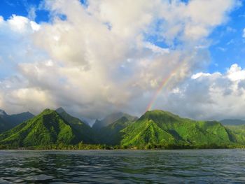 Scenic view of lake by mountains against sky