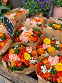 High angle view of various flowers at market stall