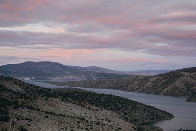 Scenic view of mountains against sky during sunset