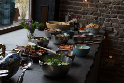 Food on table against wall