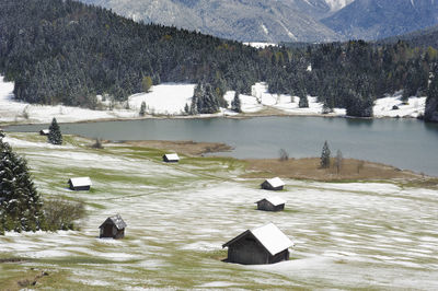 Panoramic scene with mountain range in bavaria at winter