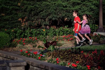 Side view of siblings walking on footpath against plants in park