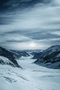 Scenic view of snow covered mountains against sky