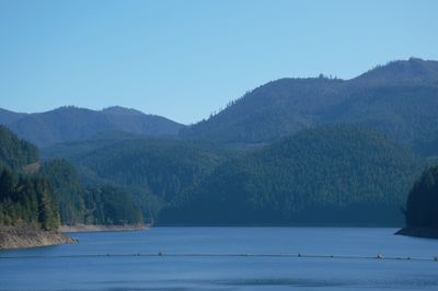 Scenic view of lake and mountains against clear sky