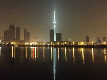 View of city lit up at night