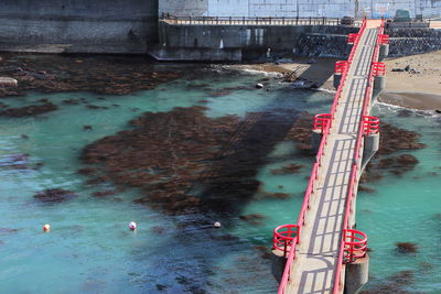 High angle view of construction site by river