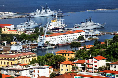 High angle view of battleships moored at harbor