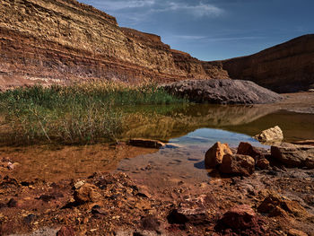 Scenic view of rocks by lake against sky