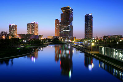 Reflection of illuminated buildings in city at night