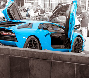 Blue parking lot in city