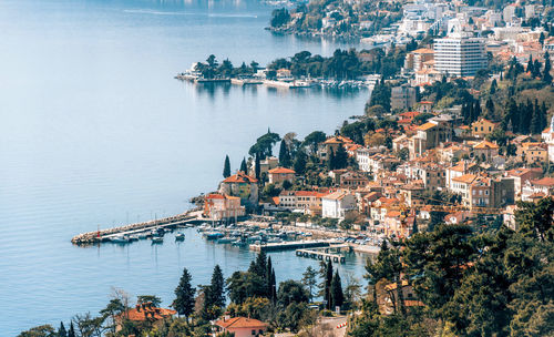 High angle view of townscape by sea