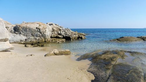 Scenic view of sea against clear blue sky