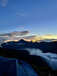 Scenic view of snowcapped mountains against sky during sunset