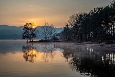 Scenic view of lake against sky during sunset