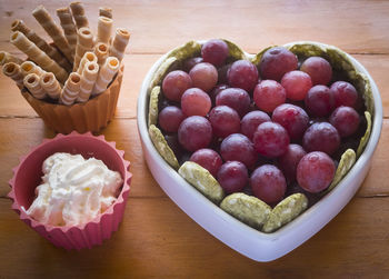 High angle view of strawberries in bowl on table