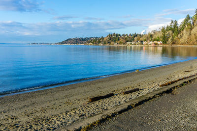 A view of the beach and waterfront homes at lincoln park in west seattle, washington.