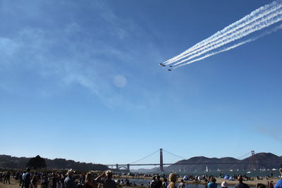 Crowd looking at airshow over golden gate bridge