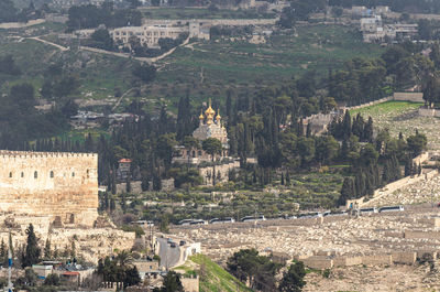 High angle view of buildings in city