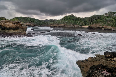 Scenic view of rocks in sea against sky