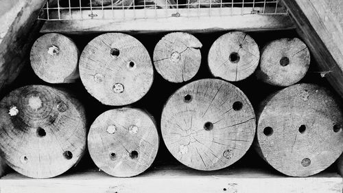 High angle view of stack on wooden table