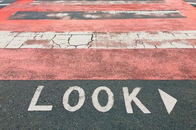 High angle view of text on road