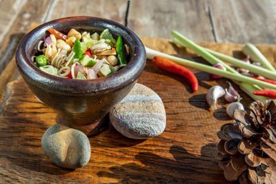 High angle view of vegetables in bowl on table