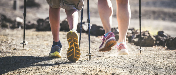 Low section of hikers with hiking poles walking on land