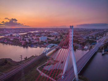 High angle view of city buildings during sunset