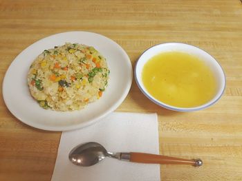 High angle view of soup in bowl on table