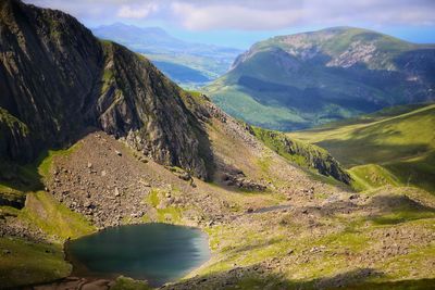 Scenic view of river and mountains against sky