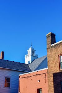 Low angle view of buildings against clear blue sky