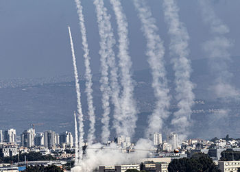 Iron dome missiles is intercepting rockets from hezbolla towards haifa.