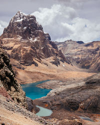 Scenic view of lake and mountains against cloudy sky