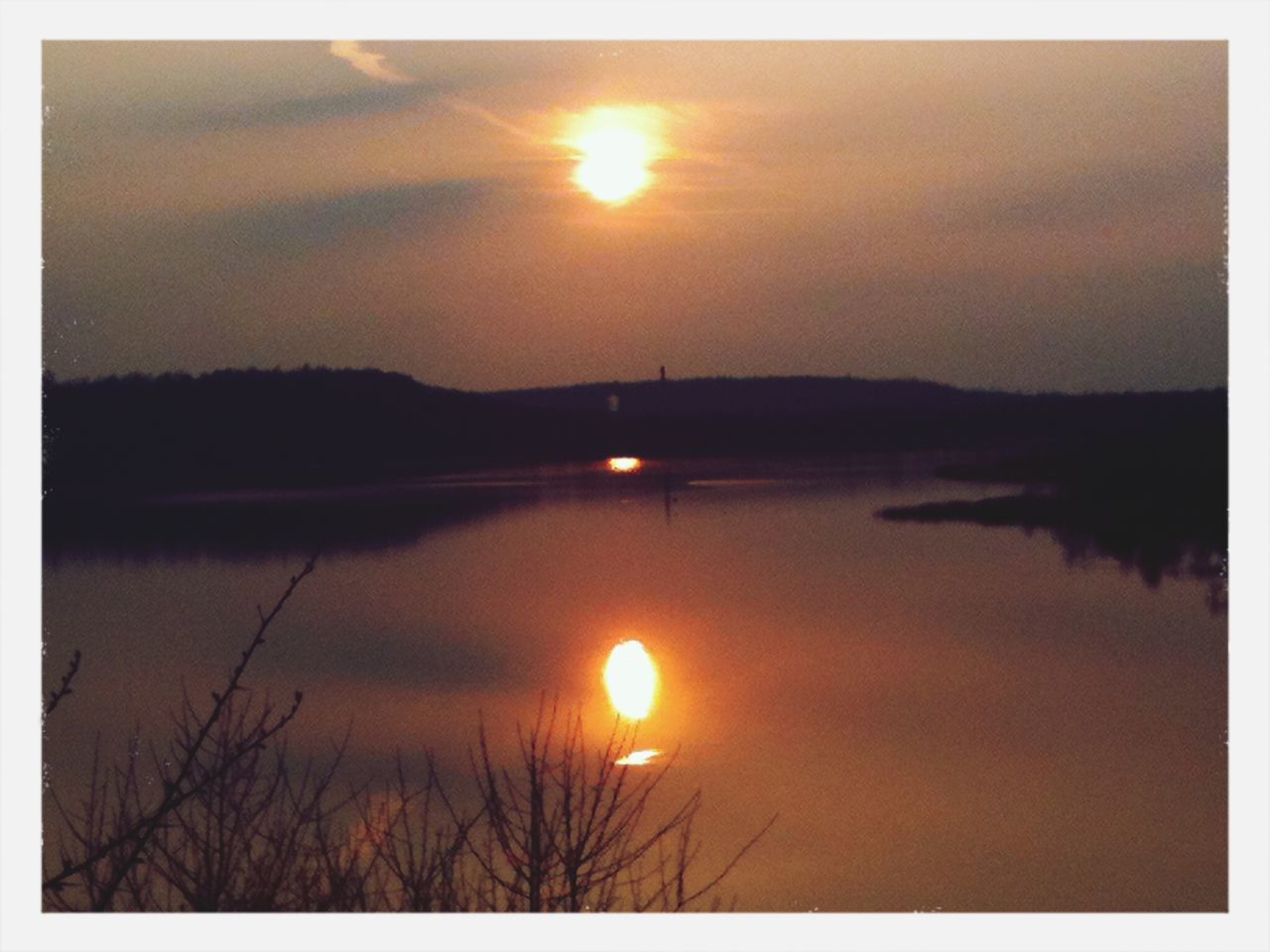 sunset, sun, reflection, water, tranquil scene, silhouette, scenics, tranquility, orange color, beauty in nature, lake, sky, idyllic, nature, transfer print, auto post production filter, sunlight, plant, outdoors, river