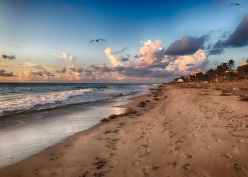 Scenic view of beach against sky during sunset