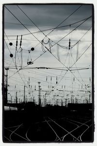 Electricity pylon against sky at sunset