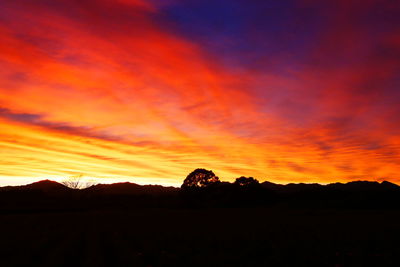 Silhouette landscape against dramatic sky during sunset