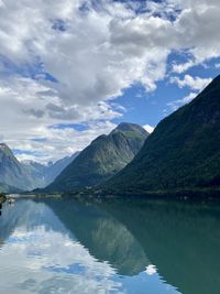 Scenic view of lake and mountains against sky