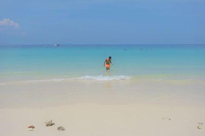 Rear view of person on beach against sky