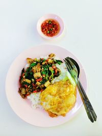 High angle view of breakfast served on table