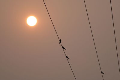 Low angle view of power lines against sky at sunset