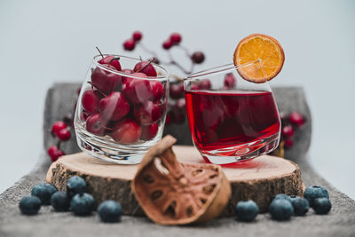 Close-up of fruits in glass on table