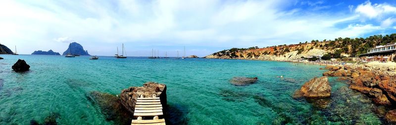 Panoramic view of sea and rocks against sky